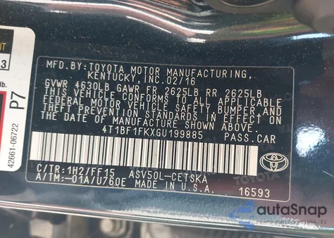 2016 Toyota Camry Se z USA, uszkodzony, nr VIN 4T1BF1FKXGU199885